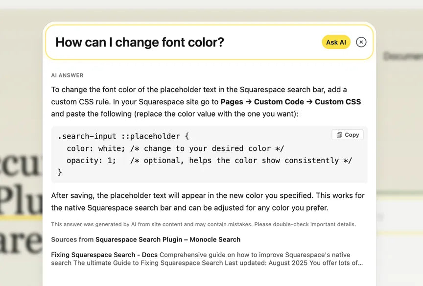 Monocle search ai answers from your site content