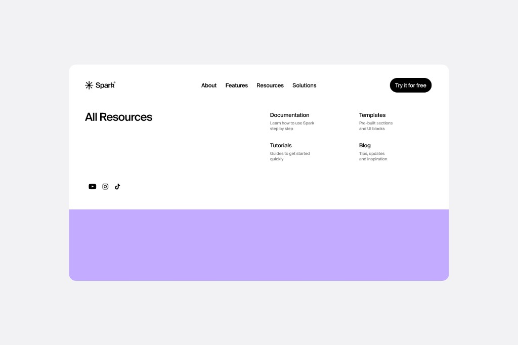 Spark mega menu with documentation, tutorials, templates and blog links