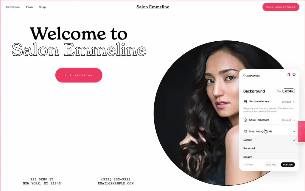 Spark background settings panel with inset background options on a squarespace site