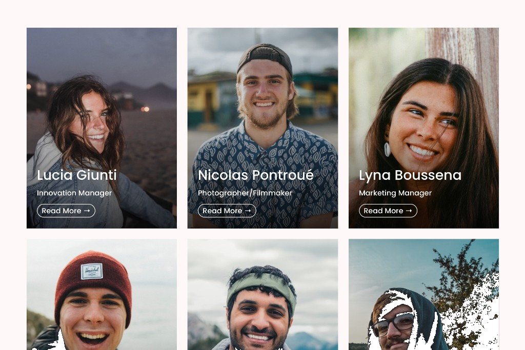 Spark team section with portrait cards and inline read more summaries