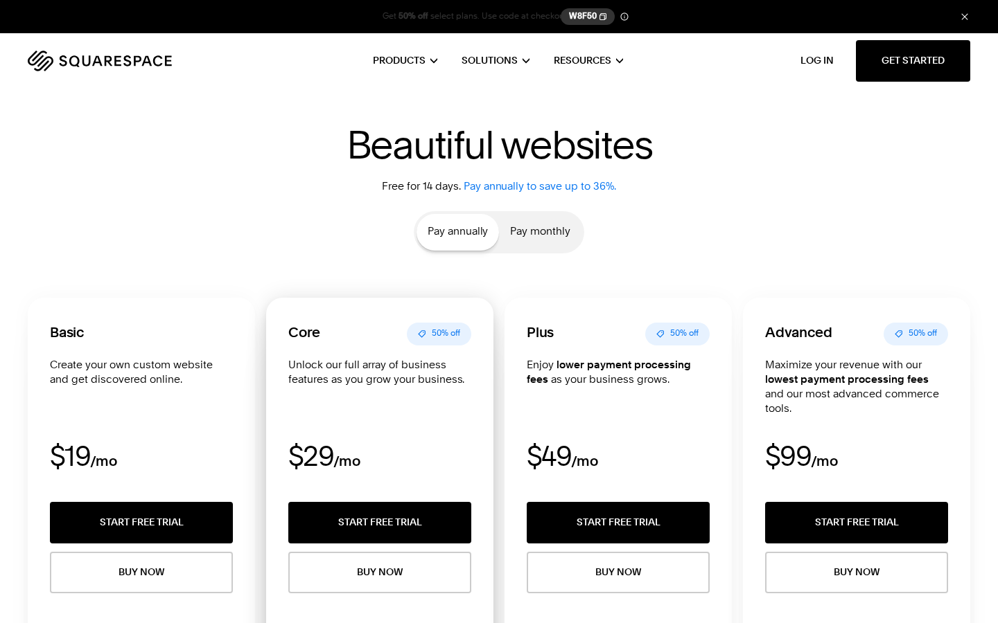 Squarespace pricing page in 2026 showing the Basic, Core, Plus and Advanced plans