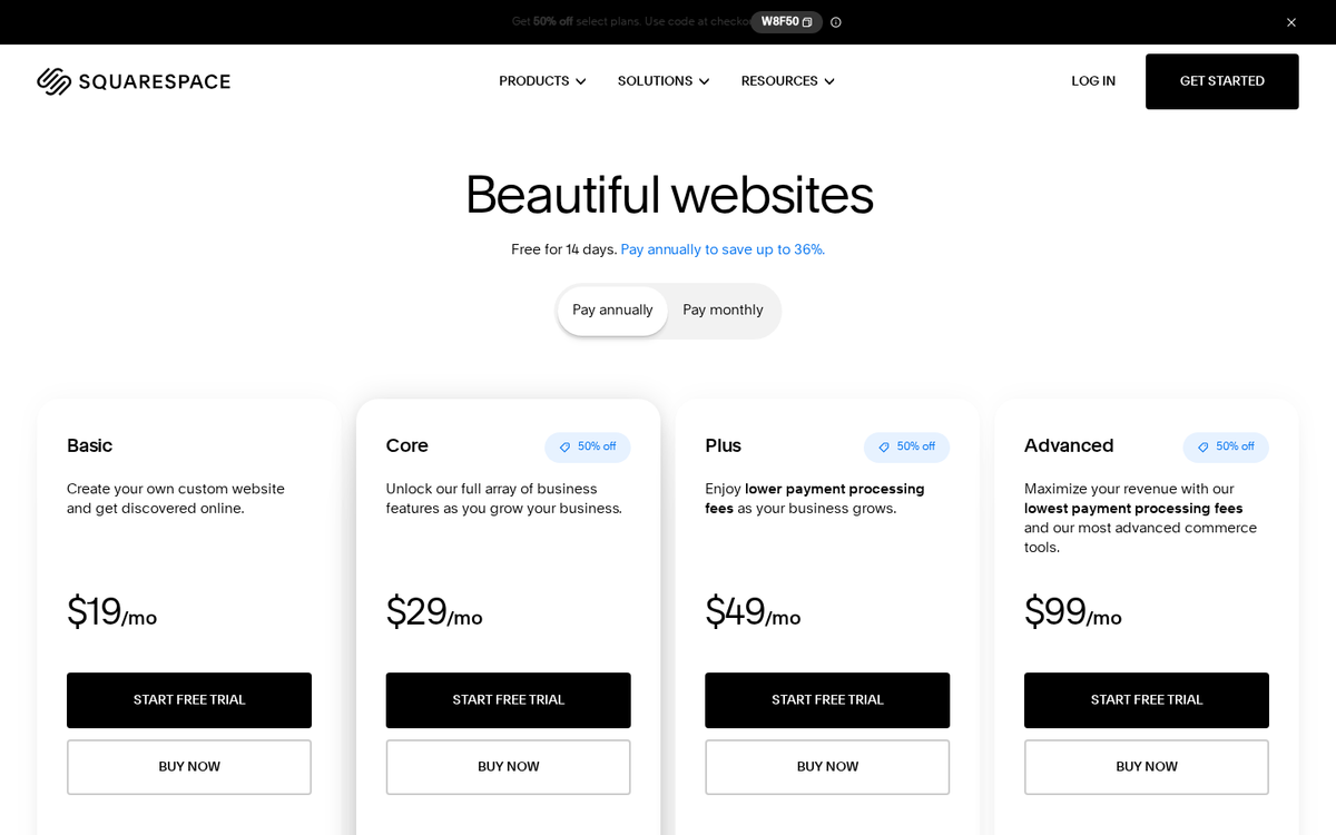 Squarespace pricing page in 2026 showing the Basic, Core, Plus and Advanced plans