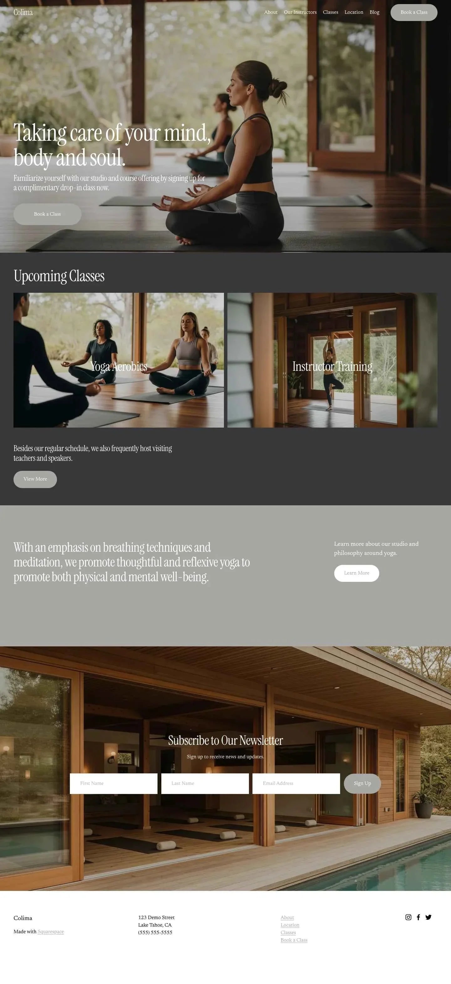 The Squarespace Colima template homepage, showing its full-screen wellness hero and class booking layout