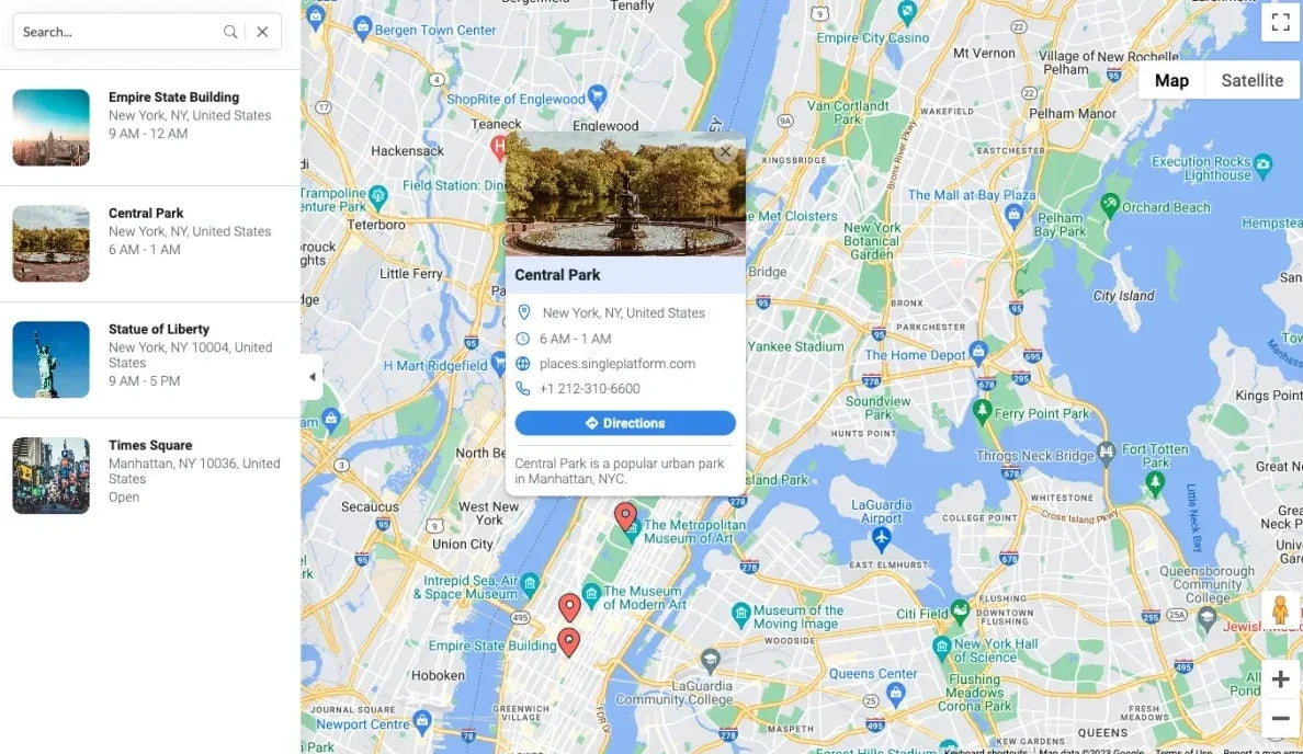 Google Maps Widget by Common Ninja showing a location list and map on Squarespace