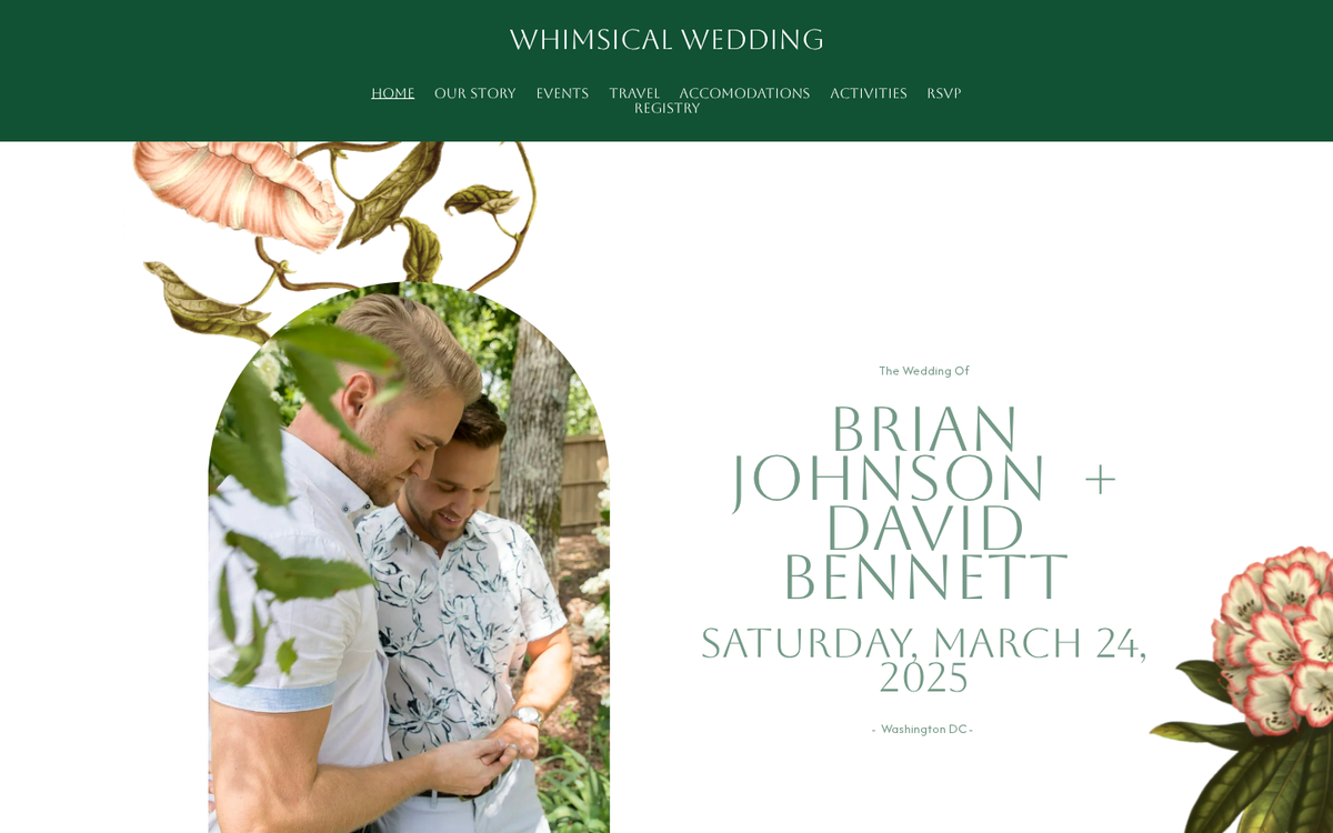 Whimsical Wedding Squarespace template demo by SKC Marketing showing the couple names, wedding date and anchor menu on a one page wedding website