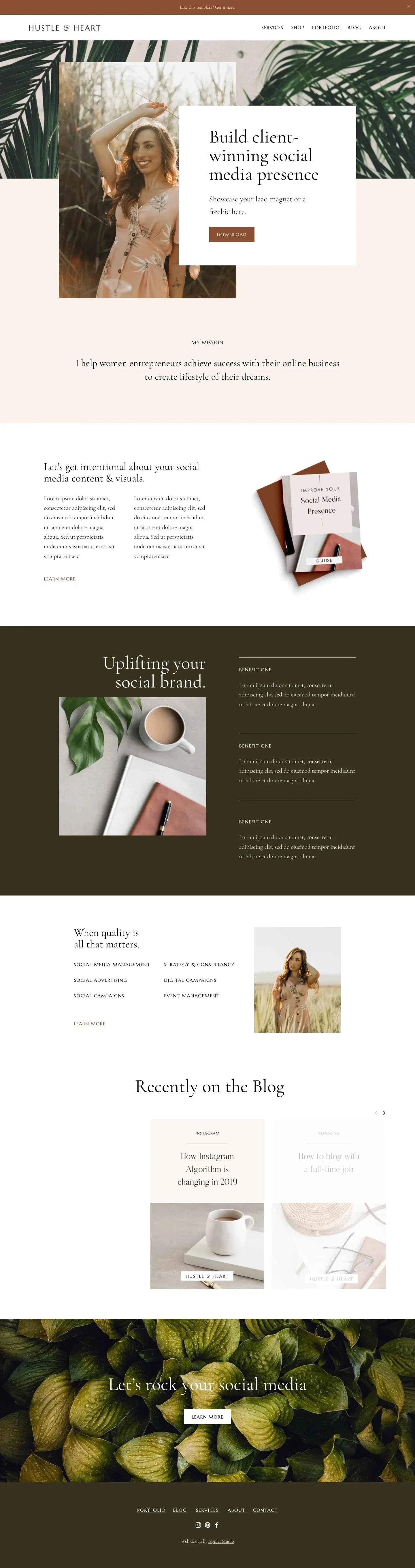 Best Squarespace template shops in 2026, showing the Hustle and Heart template by Applet Studio
