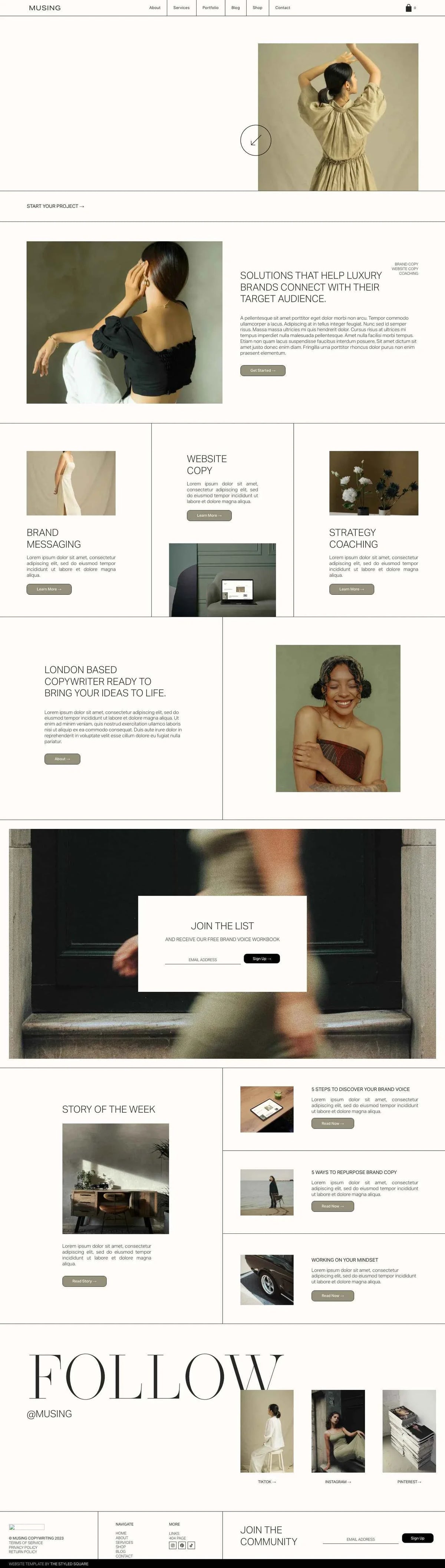 Musing Squarespace blog template by The Styled Square with editorial typography