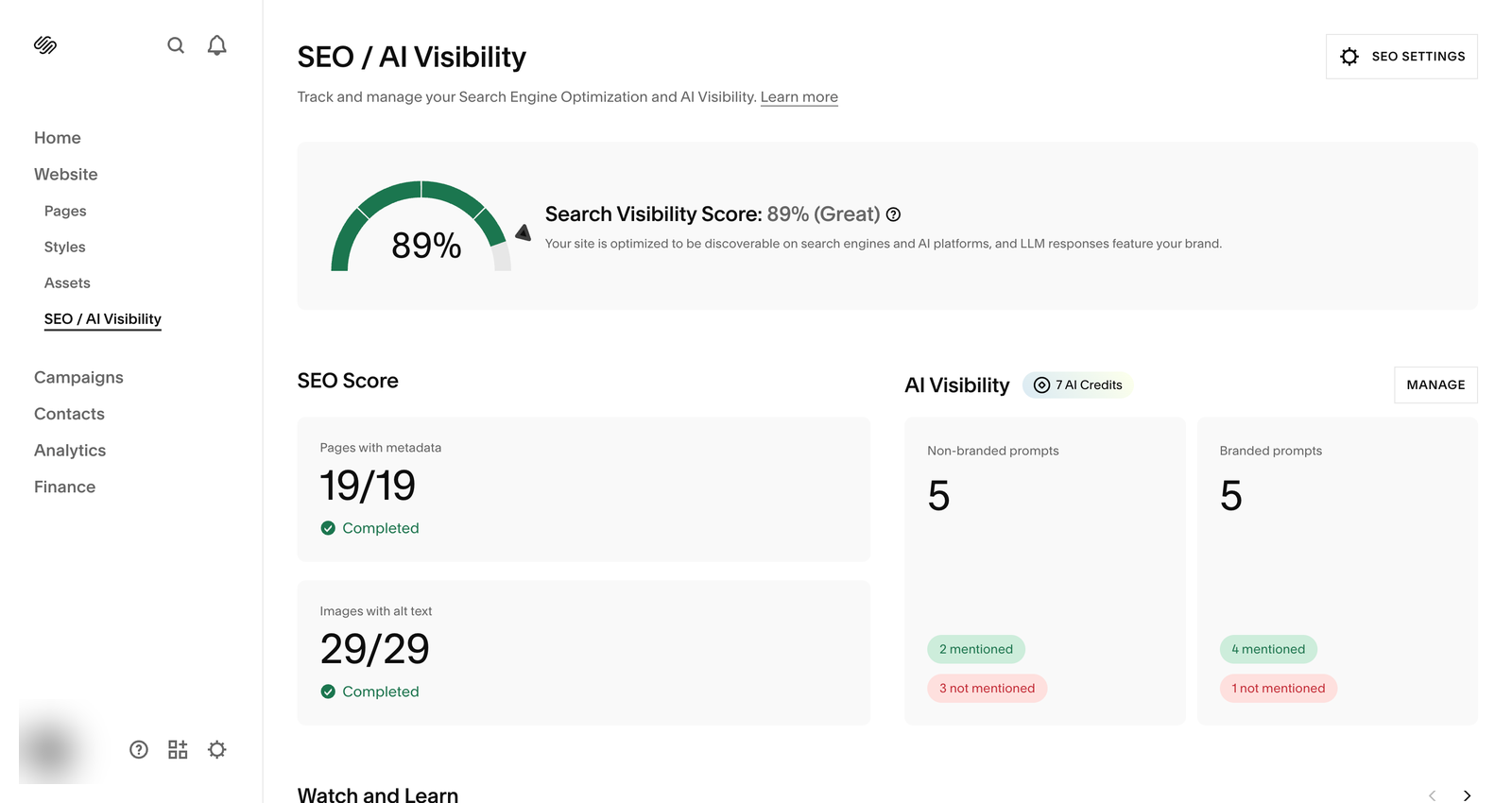 Squarespace SEO / AI Visibility dashboard showing an 89% Search Visibility Score, SEO checks and branded versus non-branded prompt results