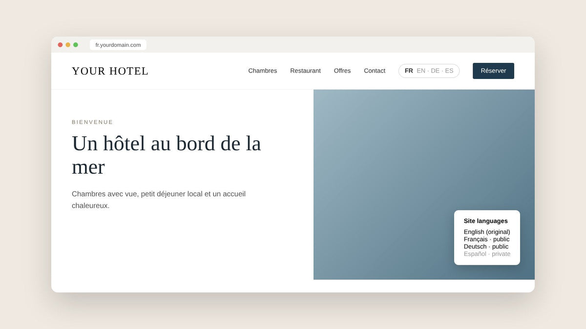 Squarespace hotel website in French with a language switcher and Weglot site languages panel