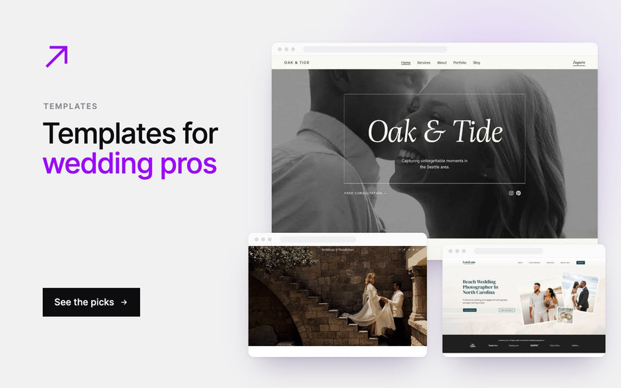 Squarespace templates for wedding professionals including Oak and Tide