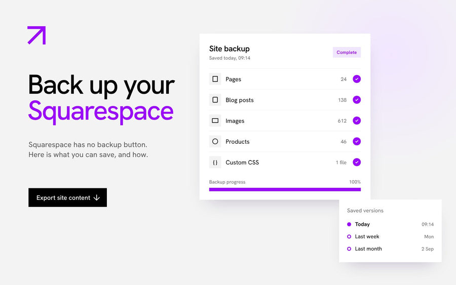 Squarespace site backup panel showing pages, blog posts, images, products and custom CSS saved