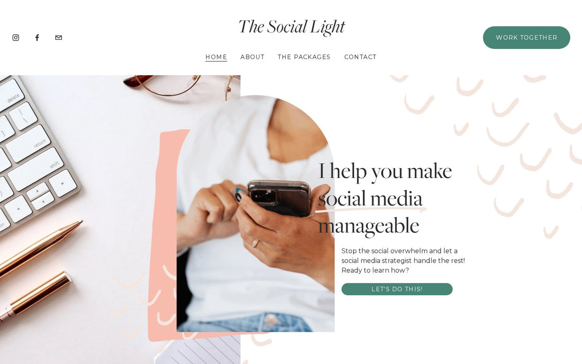 Social Light one page Squarespace template demo by 23and9 Creative showing the hero and anchor navigation