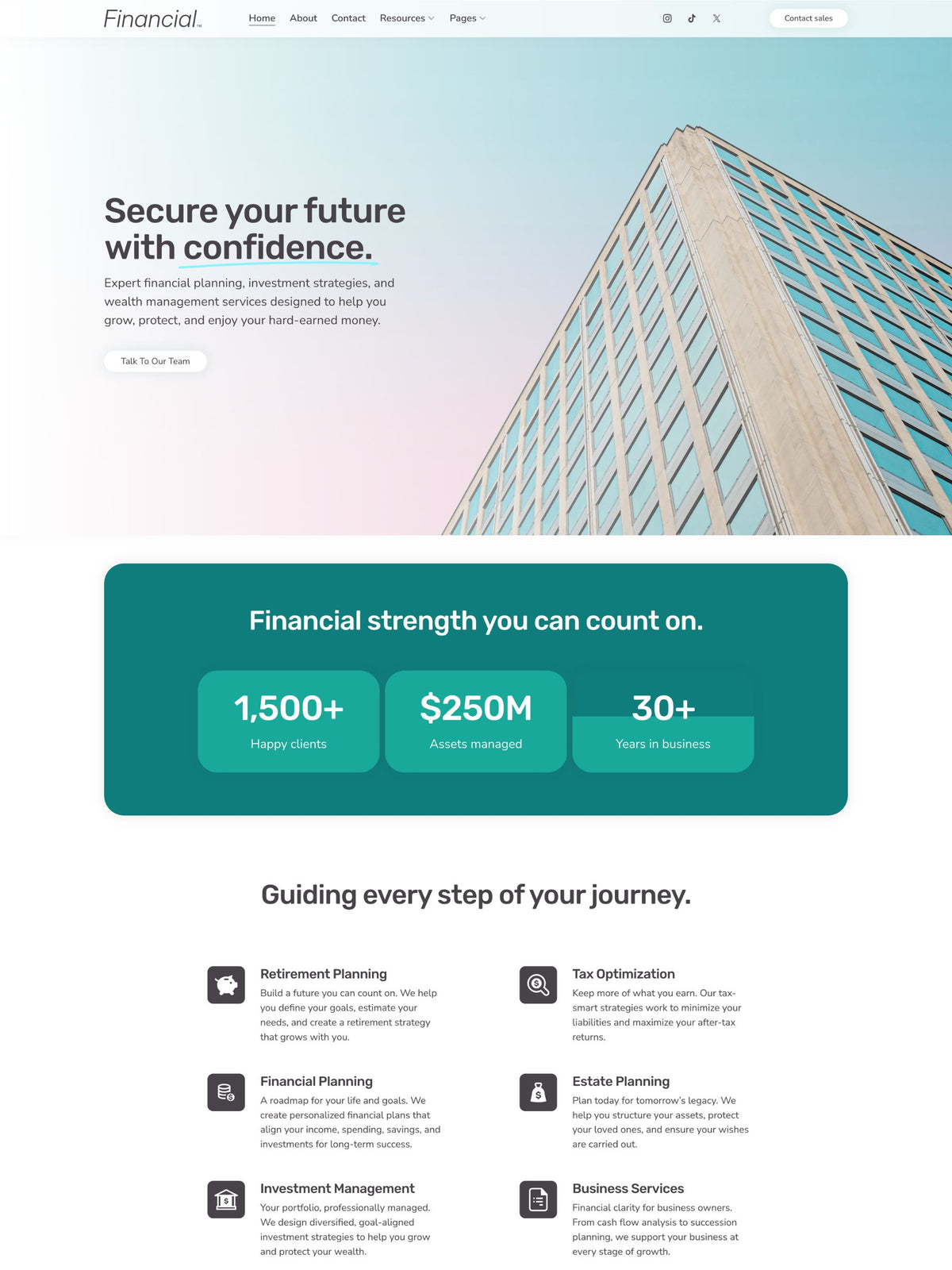 Financial Squarespace template home page