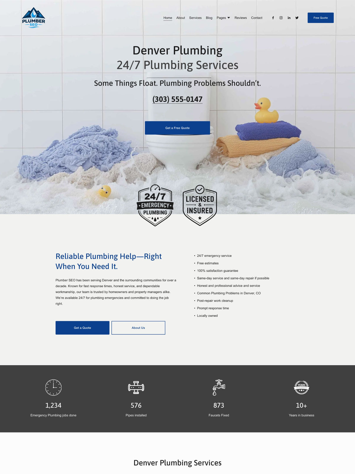 Plumber SEO Squarespace template home page