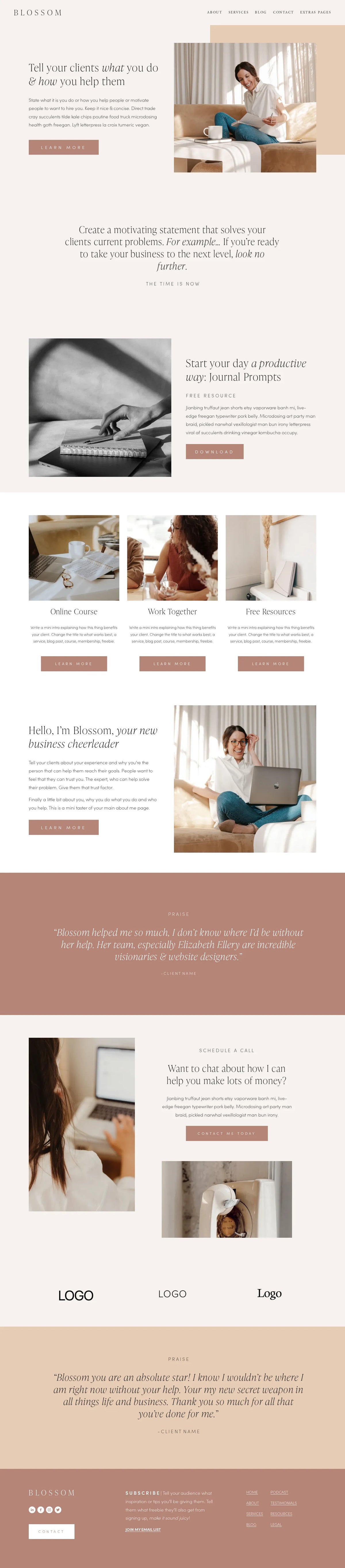 Blossom Squarespace template full homepage