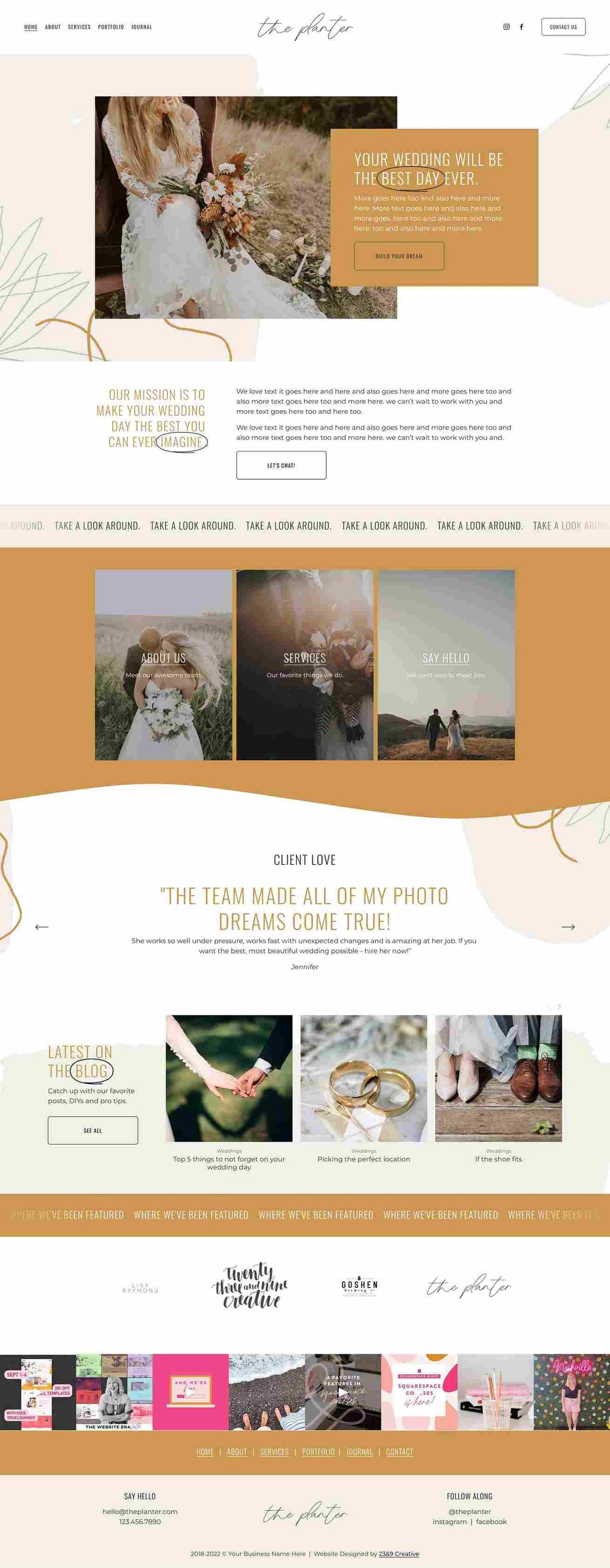 Boho Queen Squarespace template by 23&9 Creative for wedding planners, full homepage screenshot