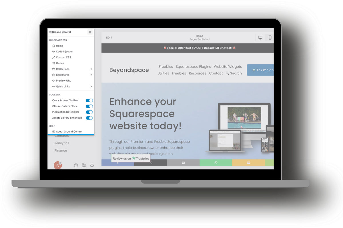 Ground Control panel open in the Squarespace editor
