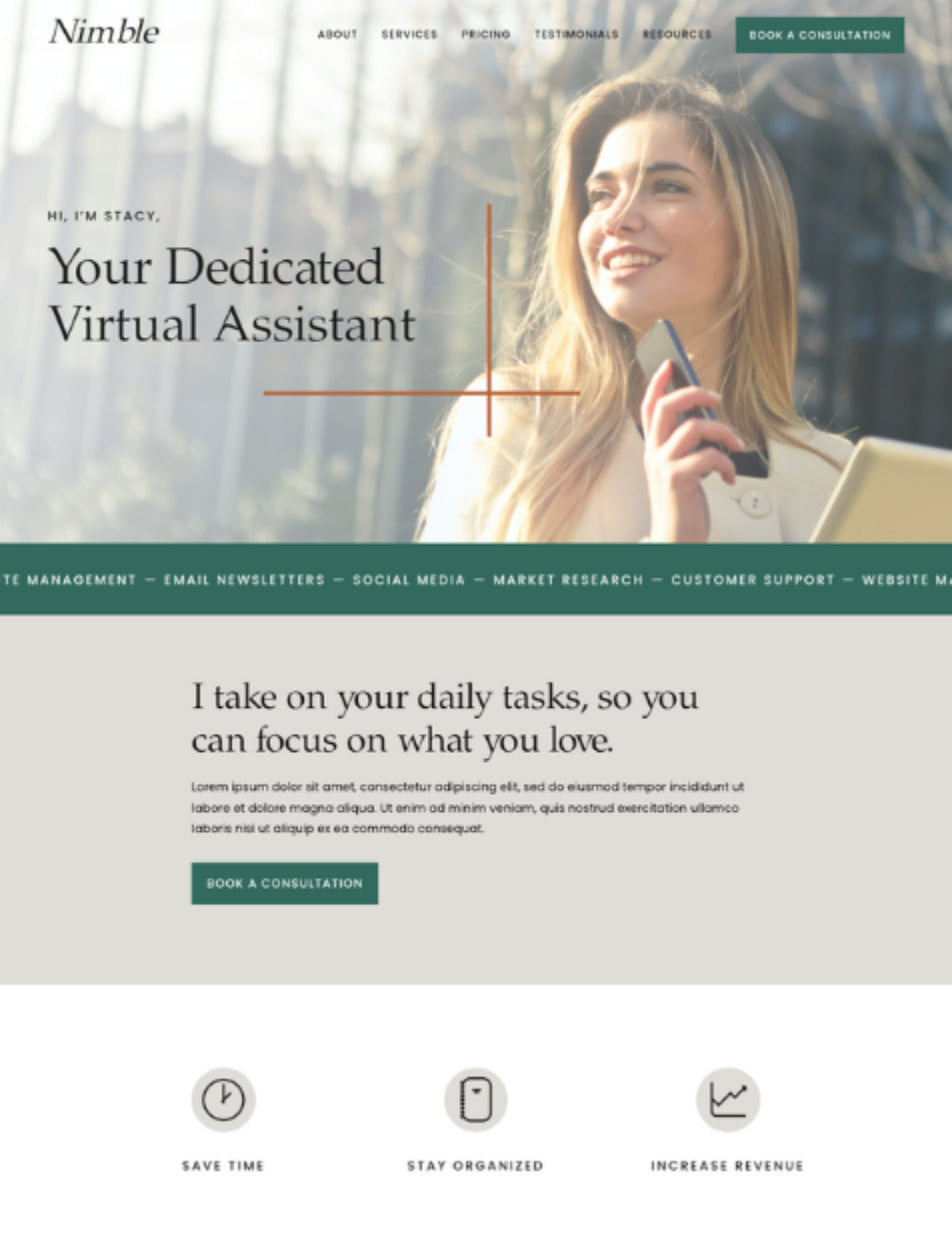 Nimble Squarespace 7.1 template by Station Seven, homepage and inner page preview
