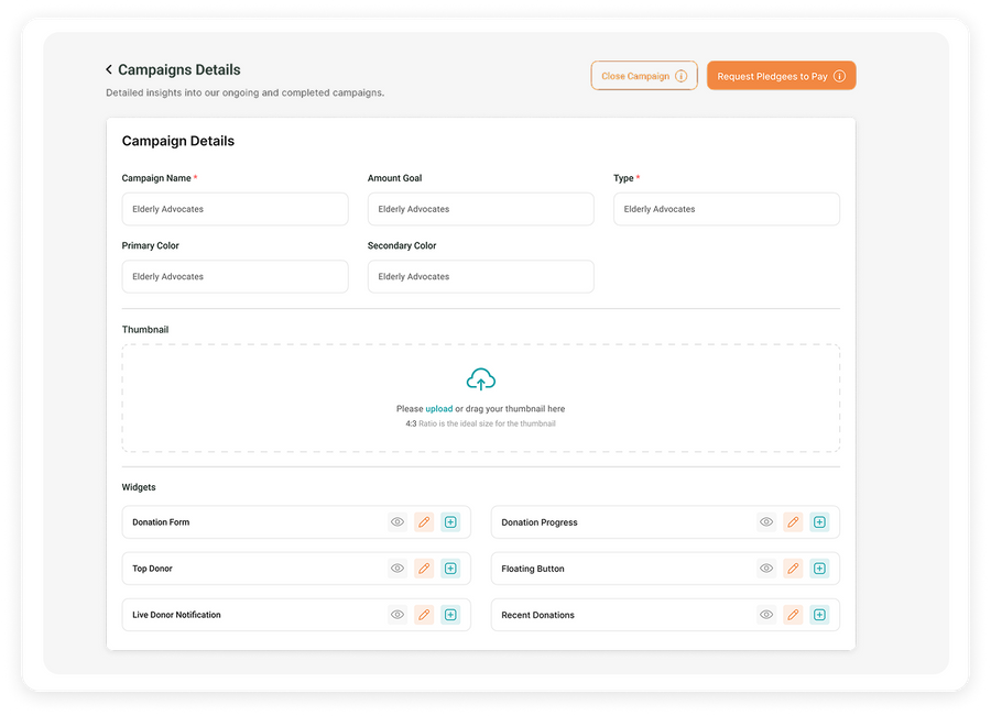 SquareDonations campaign dashboard with donation widgets