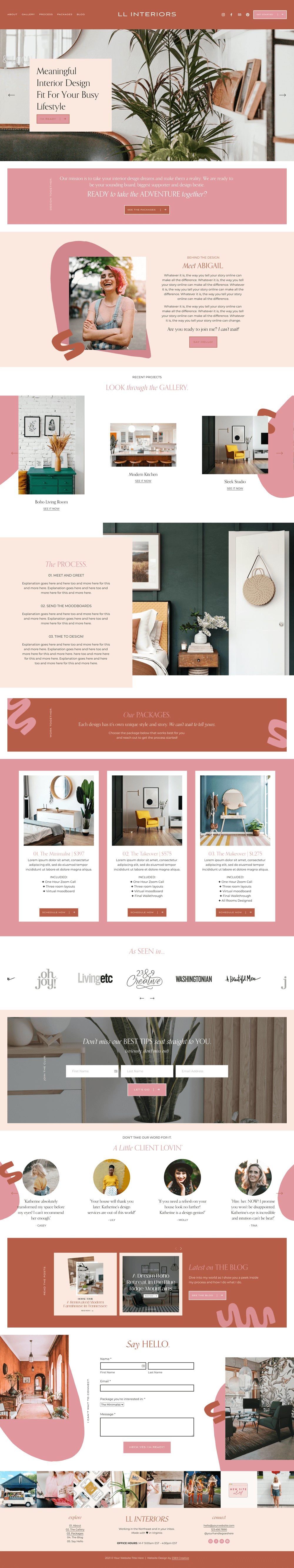 Darling Designer one page Squarespace template by 23&9 Creative, full page screenshot
