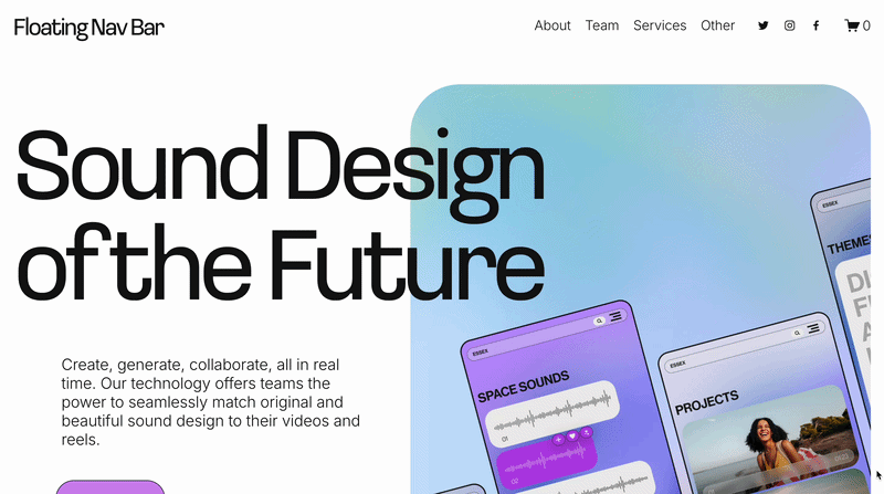 Floating Navbar plugin by Will Myers animated demo of a Squarespace header floating as the page scrolls