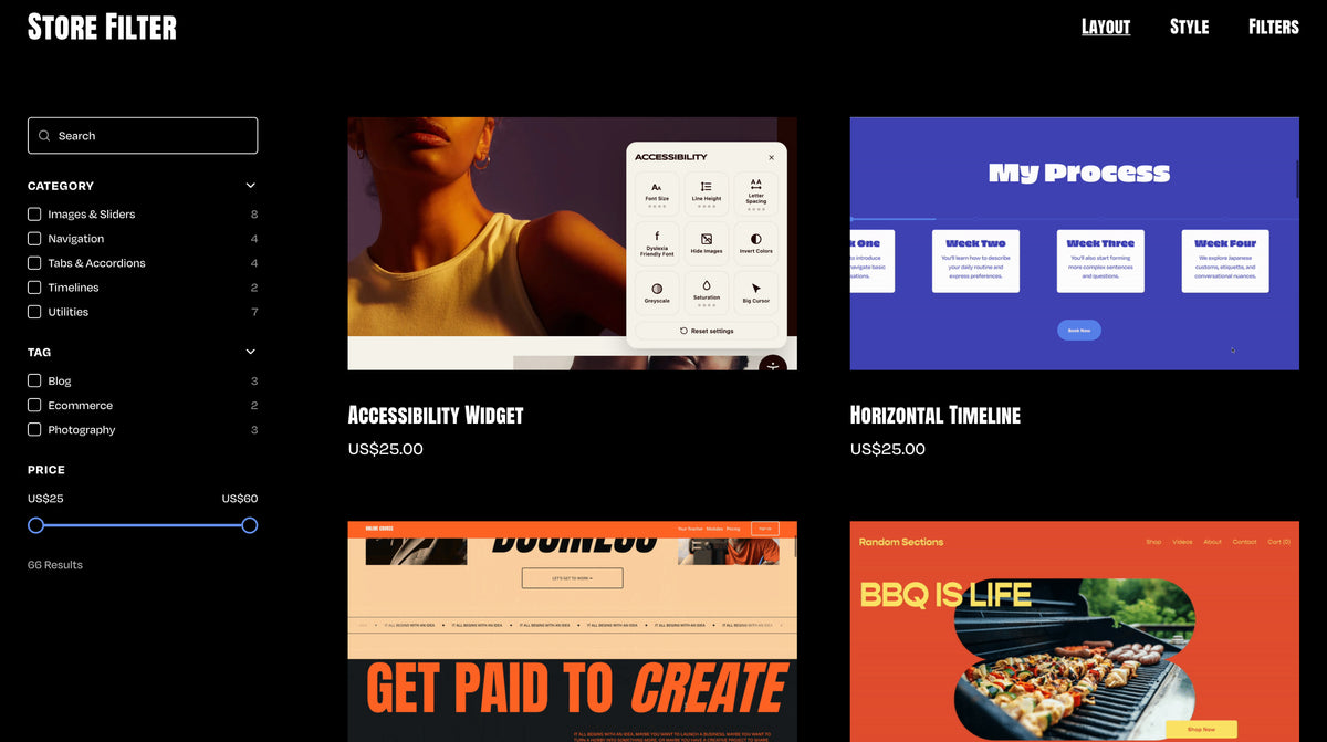 Store Filter plugin by Will Myers showing a sidebar filter on a Squarespace store page