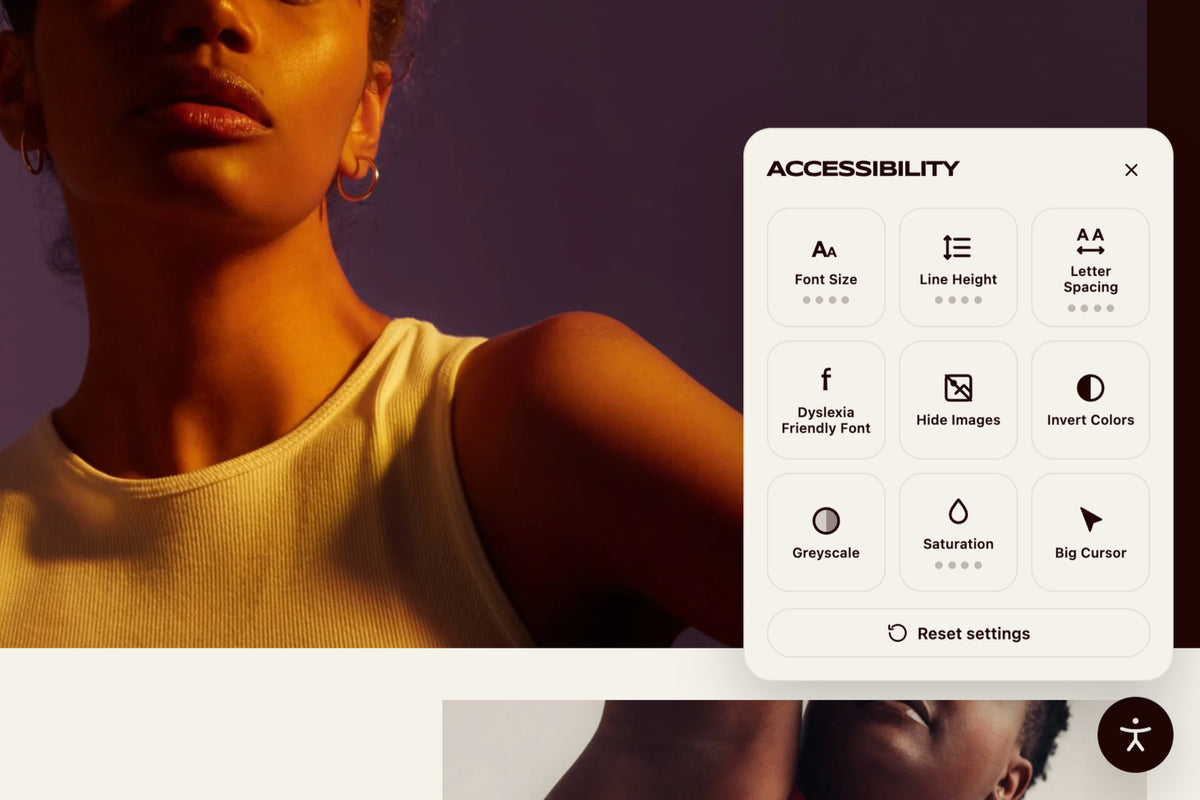 Accessibility Widget plugin by Will Myers showing the accessibility settings panel on a Squarespace site