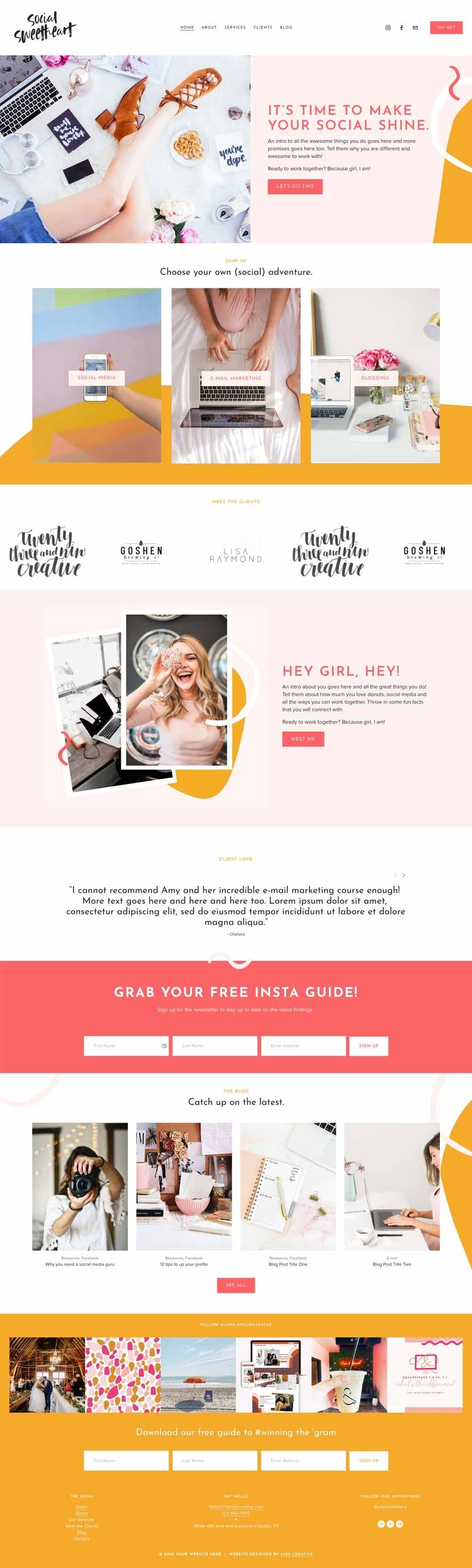 Social Sweetheart Squarespace template by 23&9 Creative, full homepage screenshot