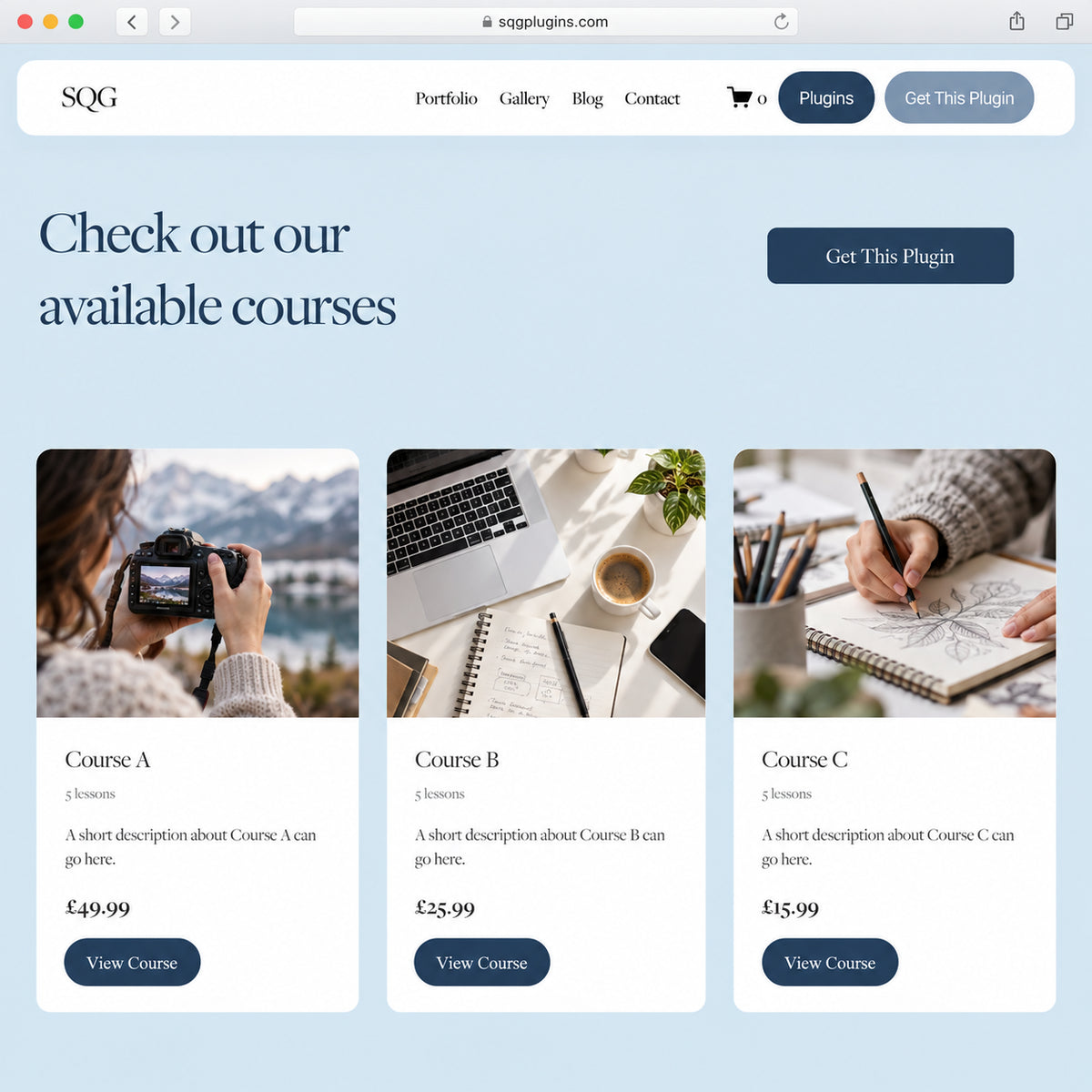 Squarespace Course Grid Plugin showing course cards