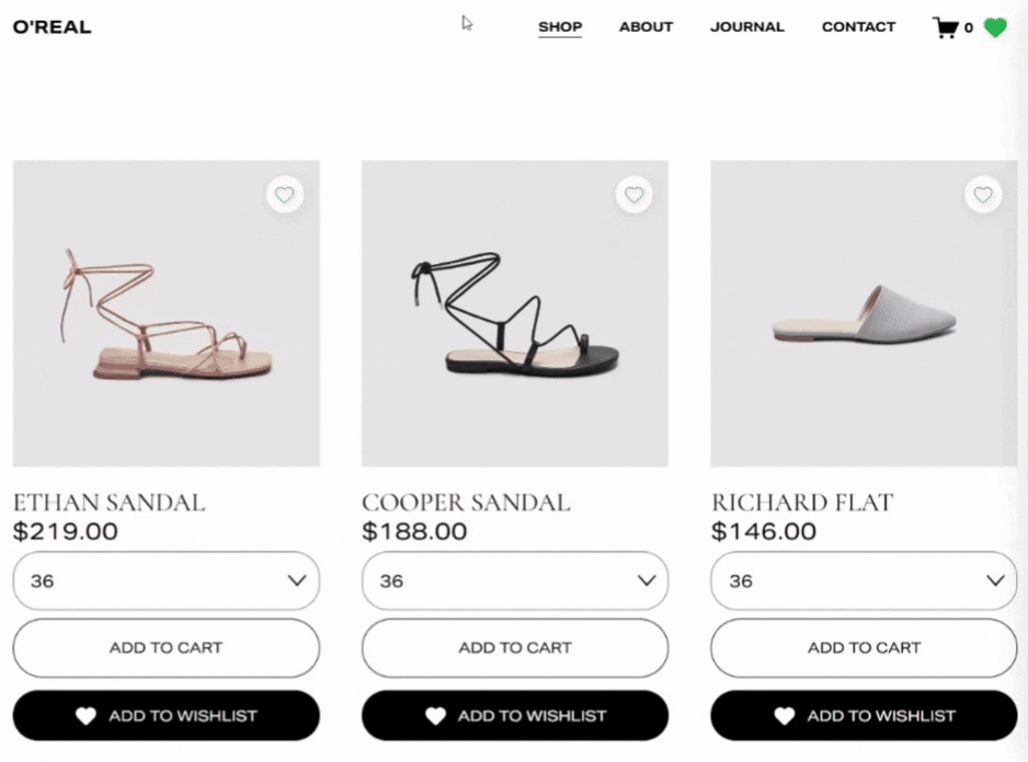 WishlistFlow heart button saving products on a Squarespace store