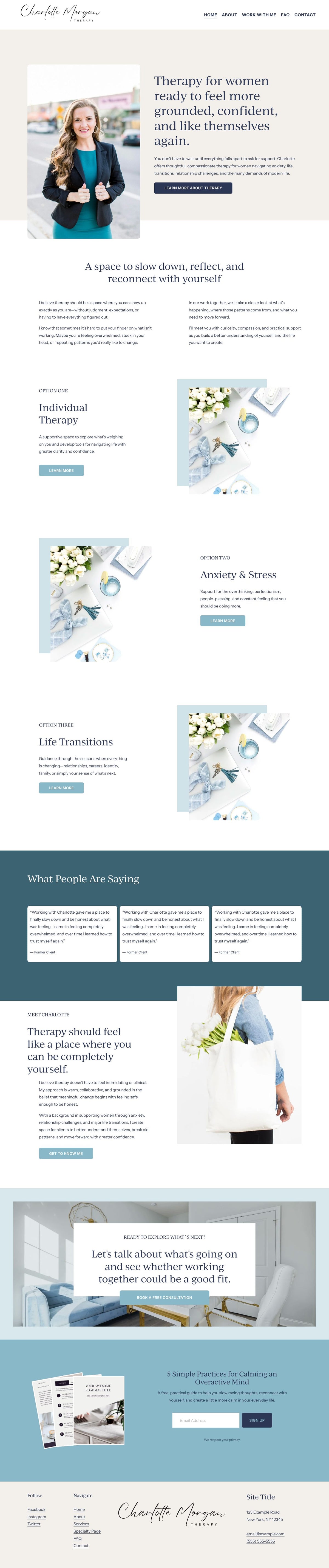 Charlotte Squarespace therapist template by Ley Design Studio, full homepage