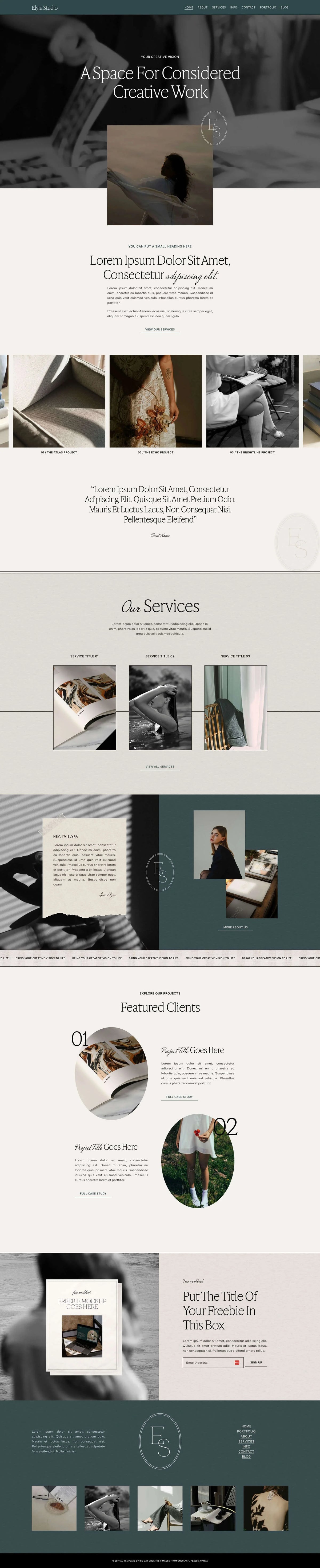Elyra Squarespace 7.1 template by Big Cat Creative, full homepage screenshot
