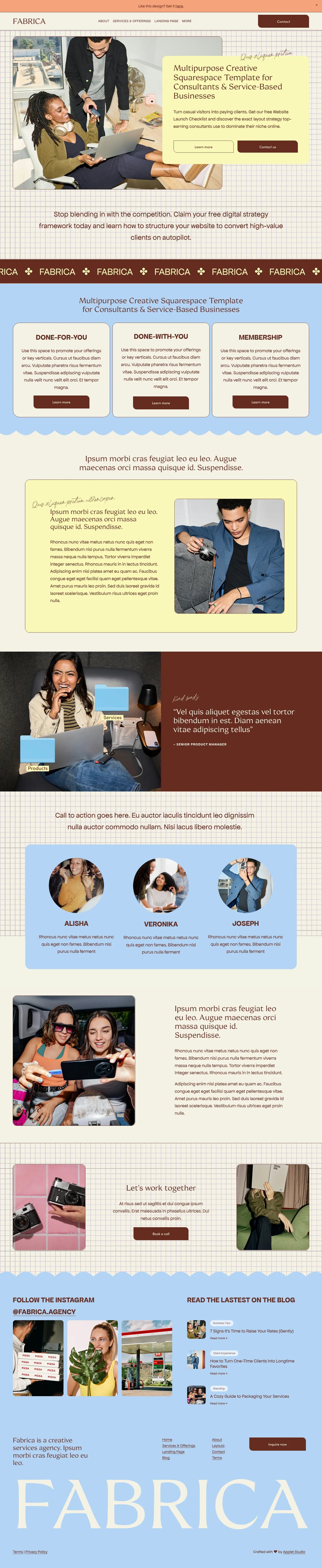 Fabrica Squarespace template full homepage