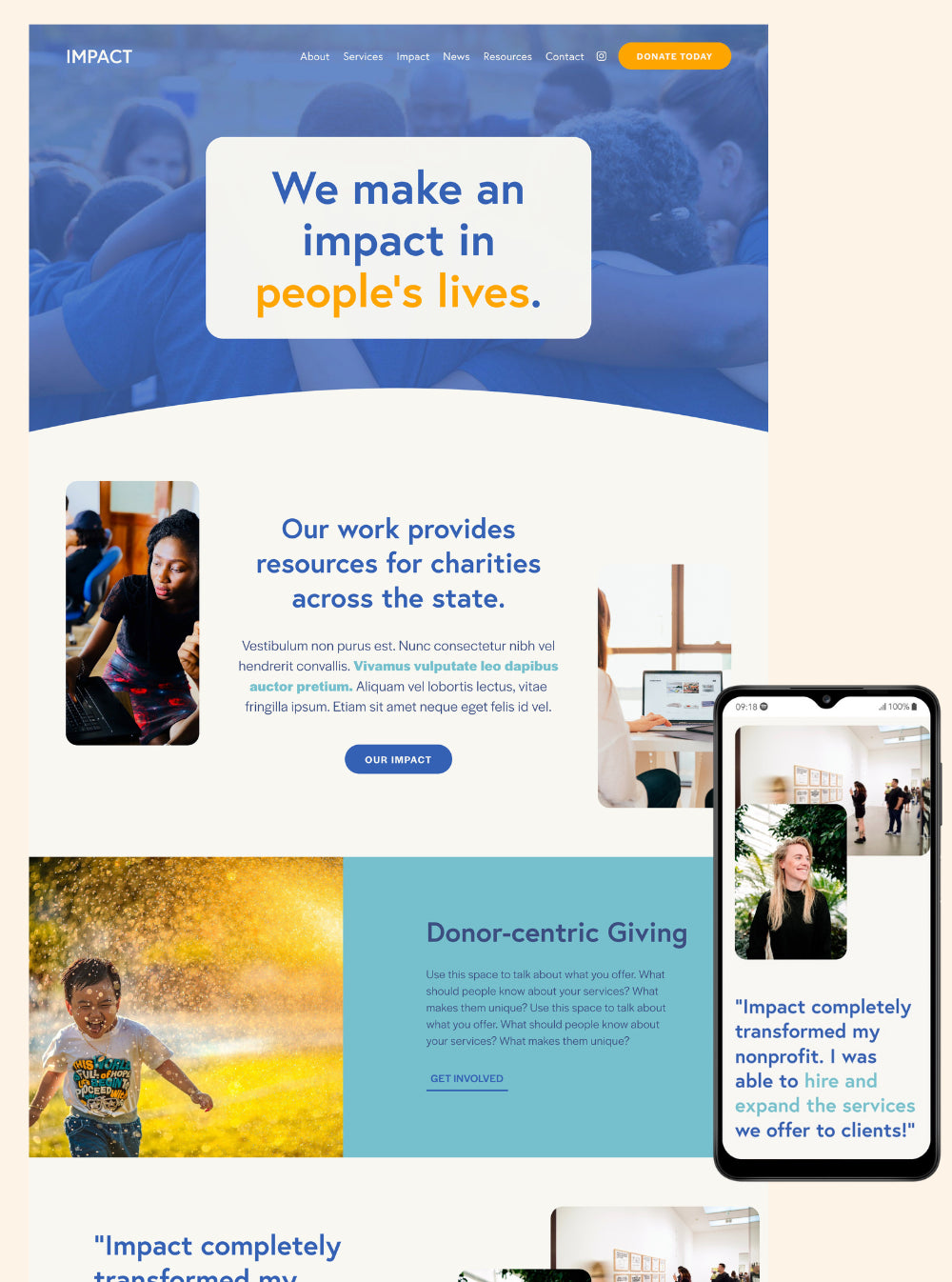 Impact Squarespace 7.1 template for nonprofits by Happenstance Design Co., homepage on desktop and mobile