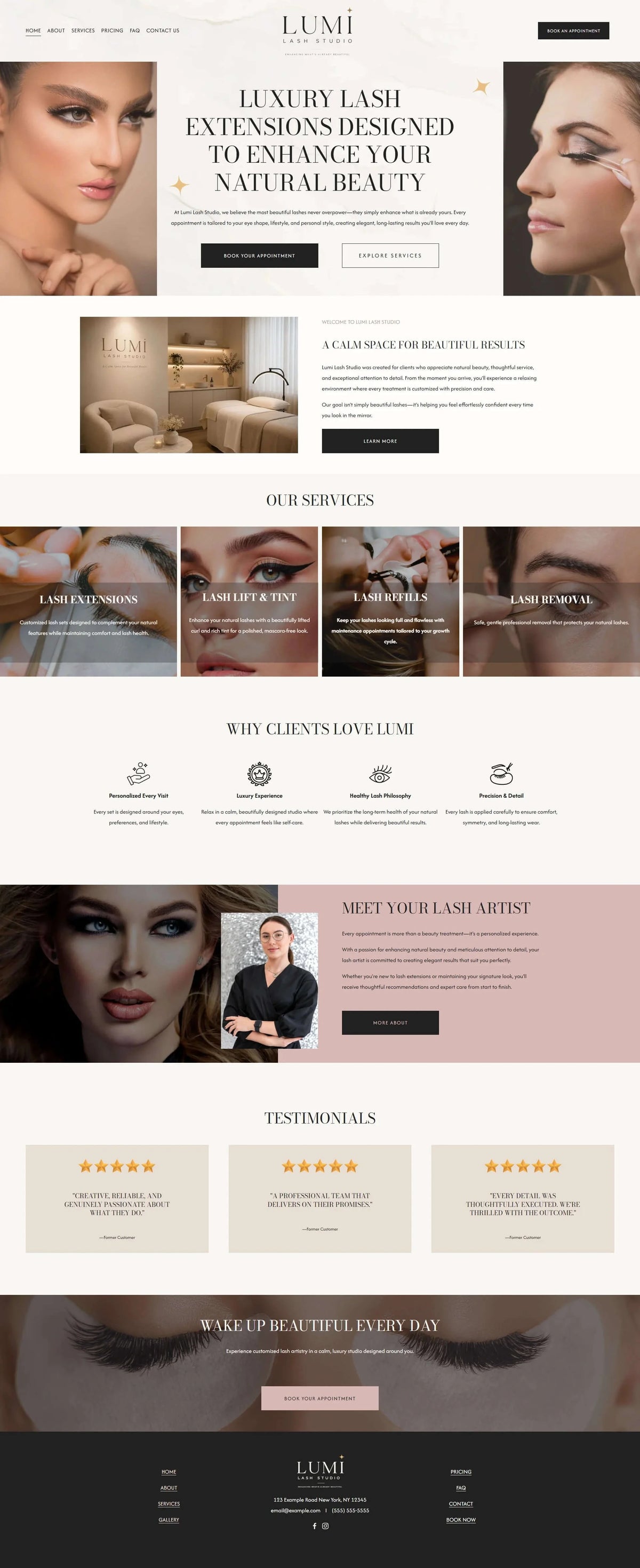Lumi Lash Studio Squarespace template for lash and beauty studios, full homepage screenshot
