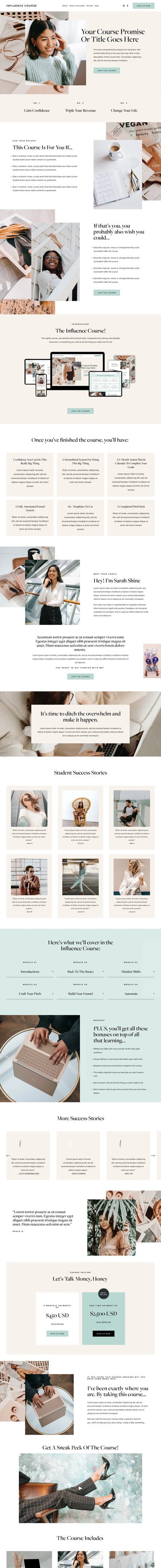 Influence Course Squarespace template full homepage
