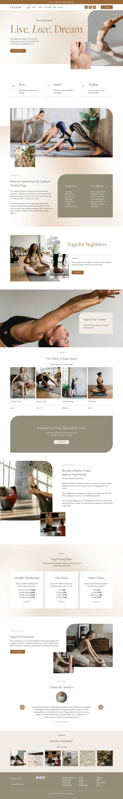 LiveLove Squarespace template full homepage