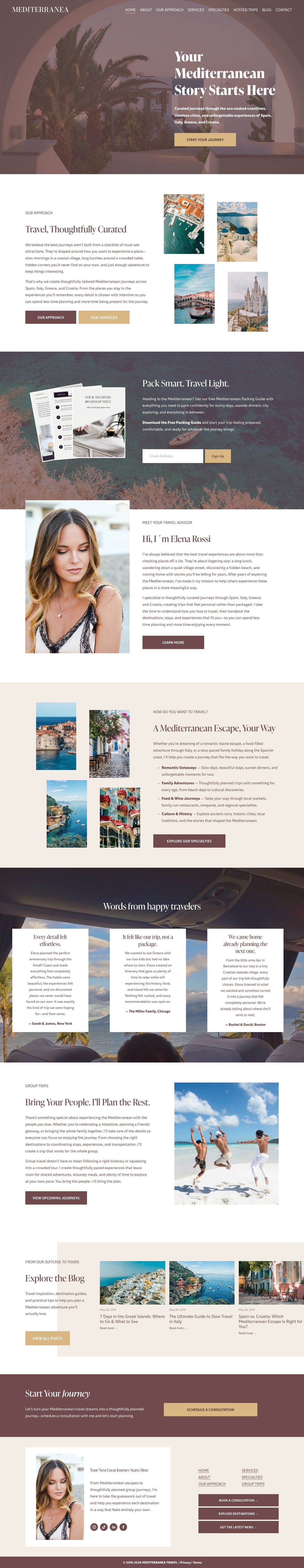 Mediterranea Squarespace travel advisor template by Ley Design Studio, full homepage