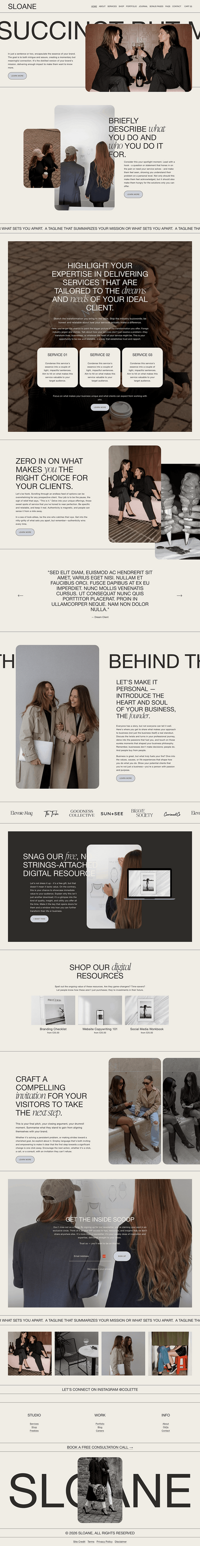 Sloane Squarespace template by Candor Templates, full homepage screenshot
