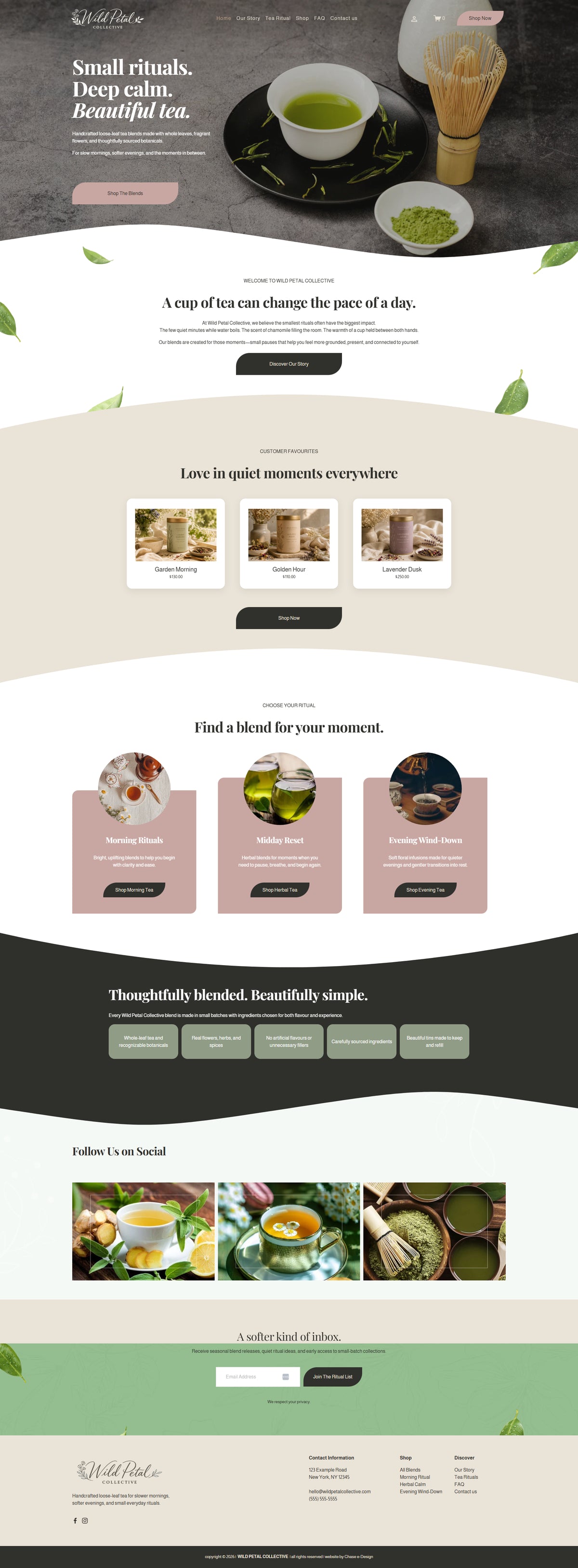 Wild Petal Collective Squarespace template for tea and botanical brands, full homepage screenshot